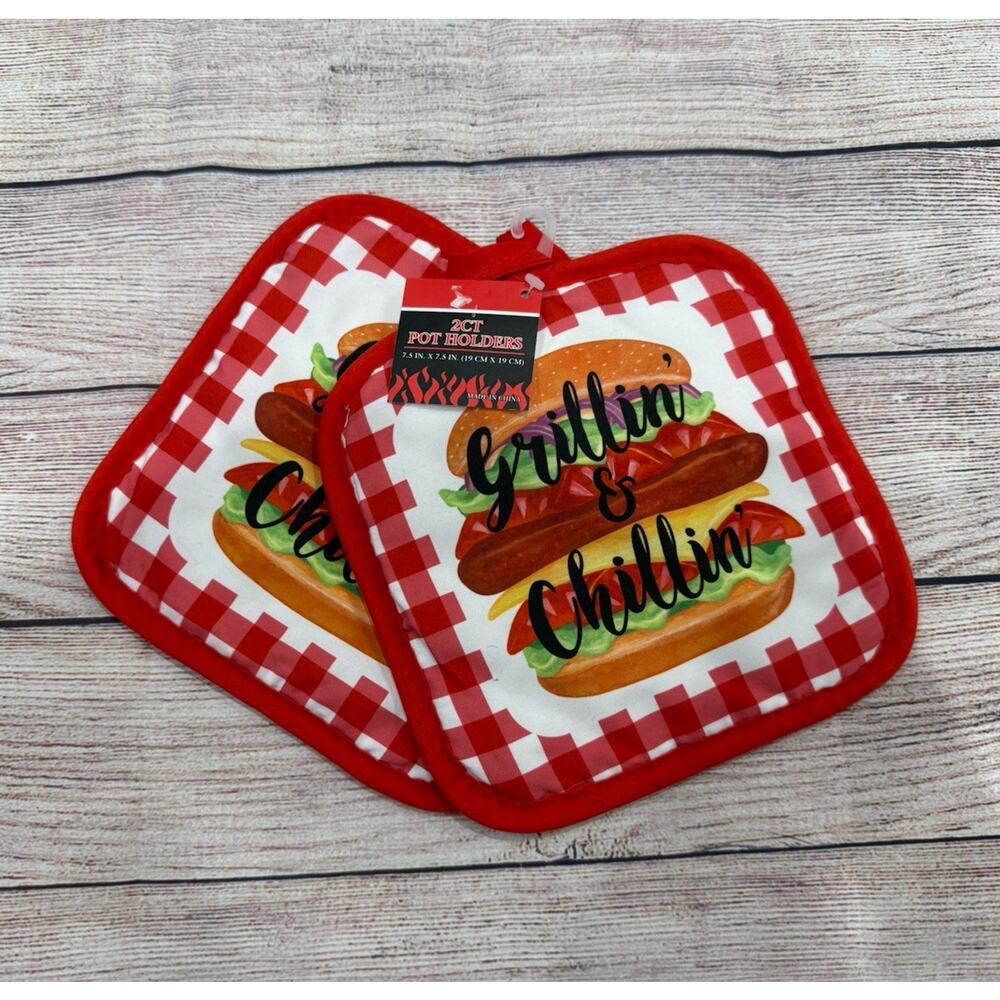 Set Of 2 Pot Holders Hot Pads Red Burger Grillin & Chillin C3